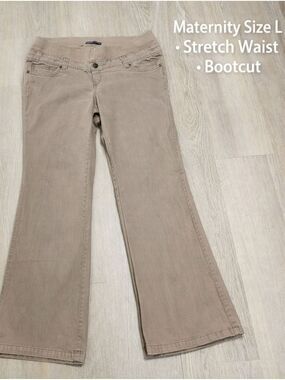 Thyme Maternity Bootcut Pants L Beige Khaki Stretch Cotton Pregnancy Work Casual